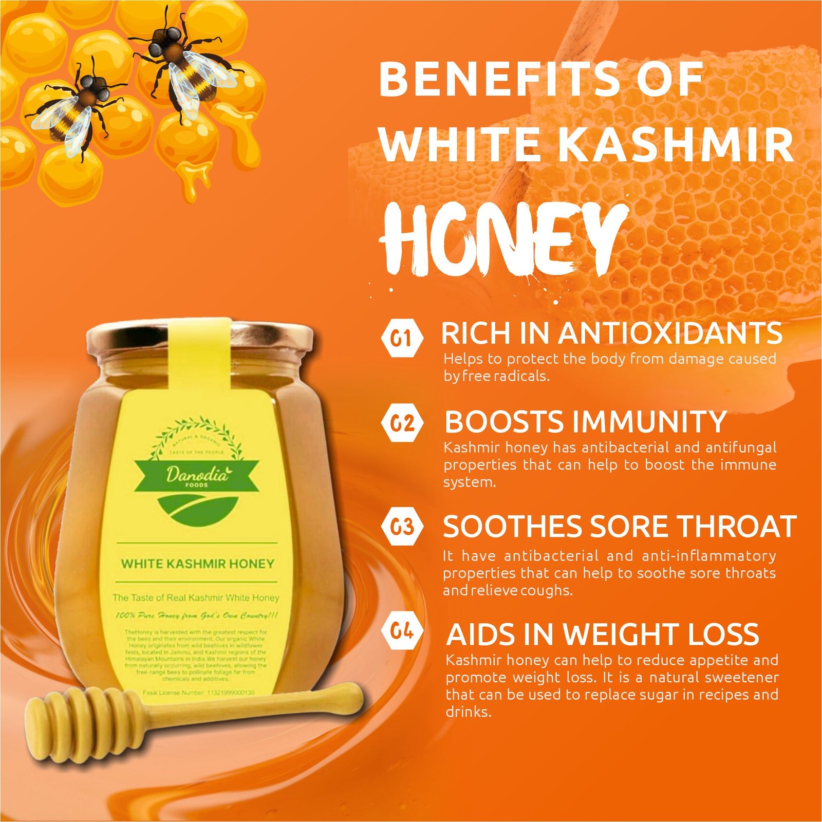 Organic White Kashmir Raw Honey, Unprocessed & Purified 4 Organic White Kashmir Raw Honey, Unprocessed & Purified